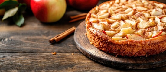 Delicious homemade apple cake with cinnamon Copy space