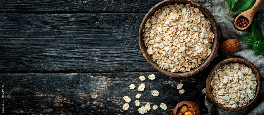 Aufkleber Raw oat flakes in a bowl with different ingredients for breakfast on a dark rustic wooden surface Top view copy space