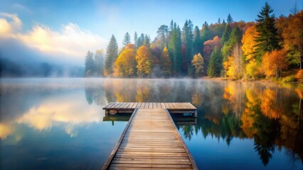 Serene wooden dock surrounded by tall trees and misty fog on a serene autumn lake, water, trees,  water