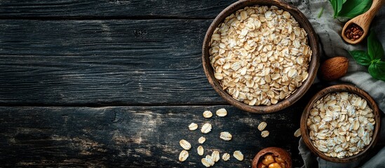 Raw oat flakes in a bowl with different ingredients for breakfast on a dark rustic wooden surface...