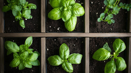 A lush herb garden with basil seedlings in square garden beds, showcasing sustainable gardening, fresh aromatic plants, and a green thumb for homegrown culinary delights.