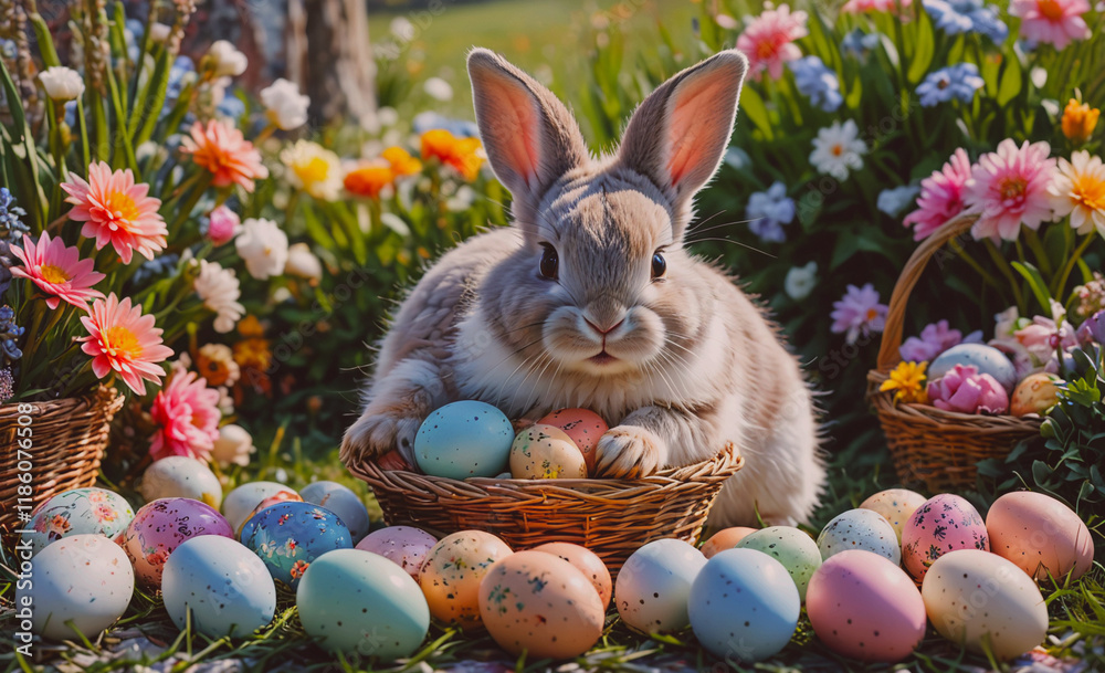 Poster rabbit is sitting in a basket of easter eggs. there are many different colored eggs in the basket