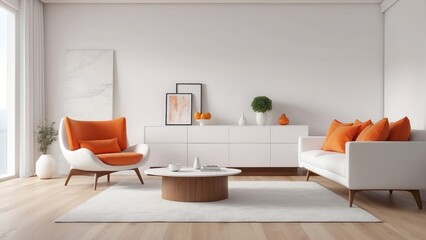 luxury modern living interior, Tangerine room, Shades of White lounge chair, and white sideboard