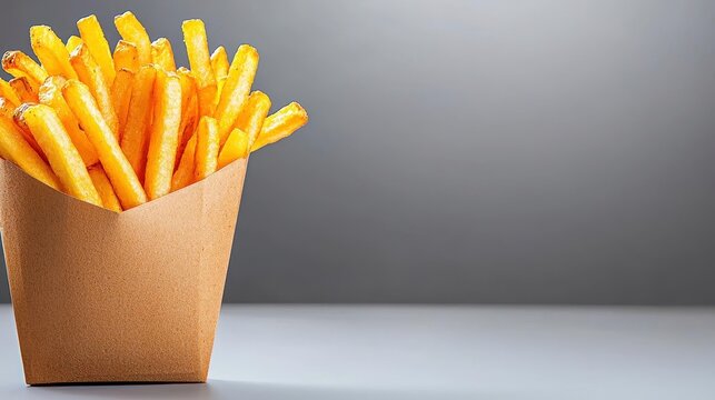 A photostock of golden french fries arranged dynamically with visible crispiness, isolated on a clean white background, appetizing and fun, High Quality