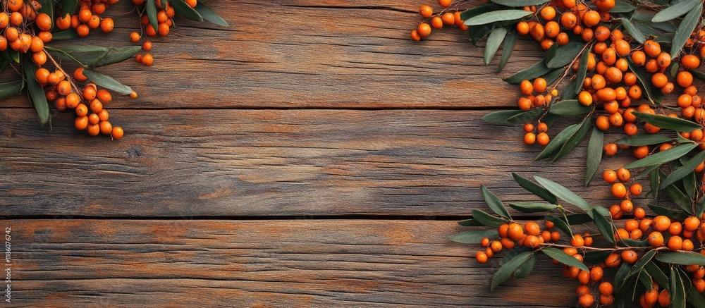 Aufkleber Sea buckthorn on a timber background. with copy space image. Place for adding text or design