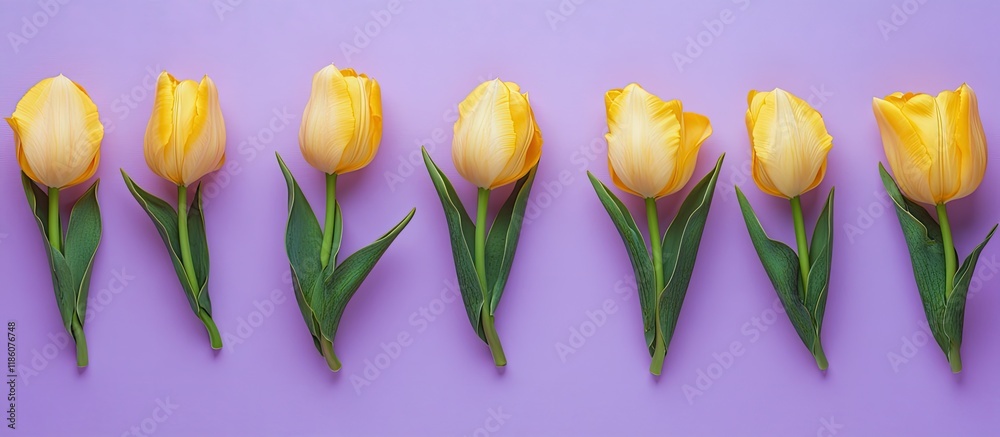 Leinwandbilder yellow tulips on a purple backdrop flat lay top view valentine s background. with copy space image. 