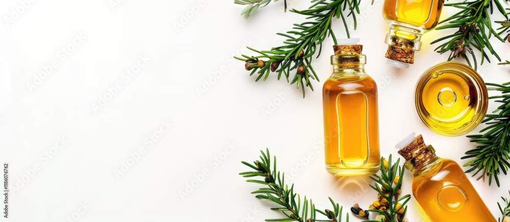 Poster healing juniper oil concept aromatherapy juniper frame bottles and sprigs on a white background top 