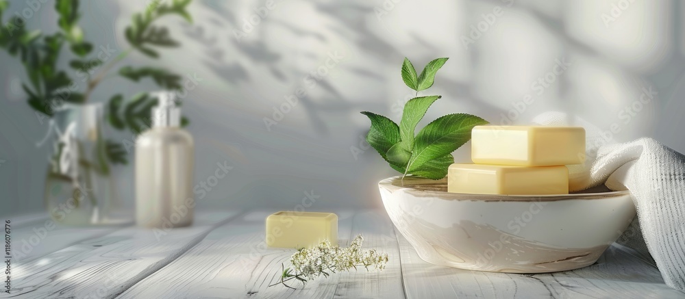 Poster soaps and cosmetic cream in a glass bowl on a white wooden table. with copy space image. Place for adding text or design