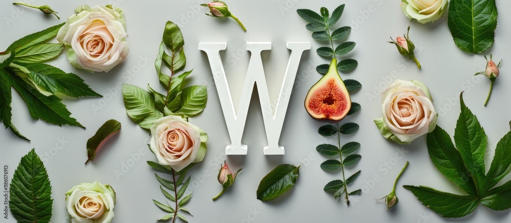 Aufkleber white letter w surrounded by roses figs and green leaves isolated on a grey background. with copy sp
