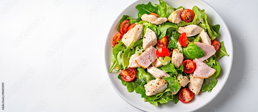 Poster Top view homemade chicken ham salad on a white plate isolated against a white background with a clipping path A healthy meal for those who prioritize wellness and enjoy working out
