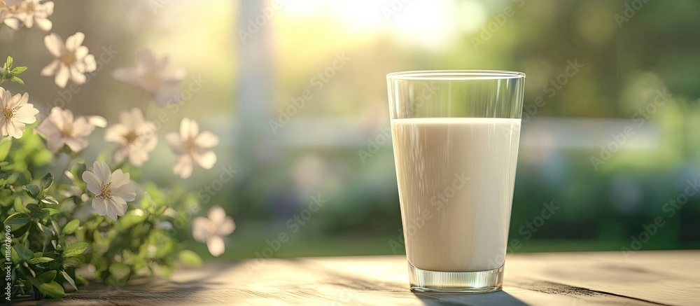 Poster milk in a glass against a blurred natural background a glass of milk on a table fresh milk and sprin
