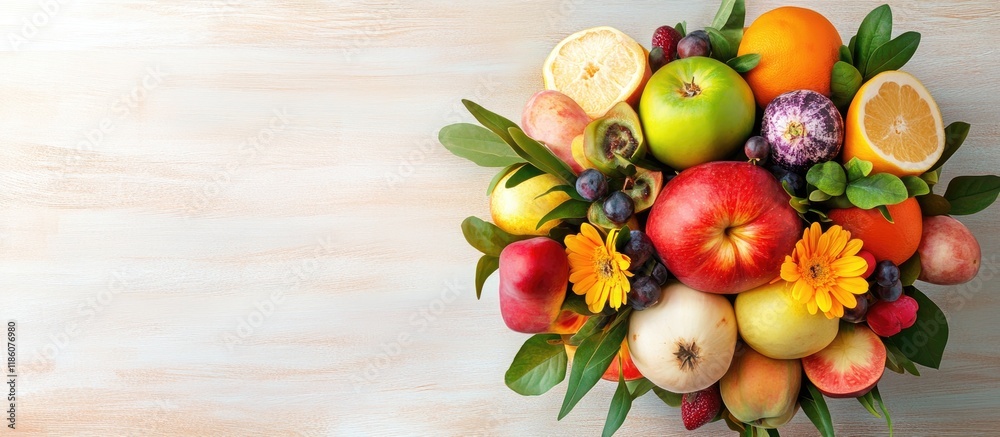 Poster adorable vibrant bouquet of cut fruits and vegetables on a light wooden surface close up. with copy 