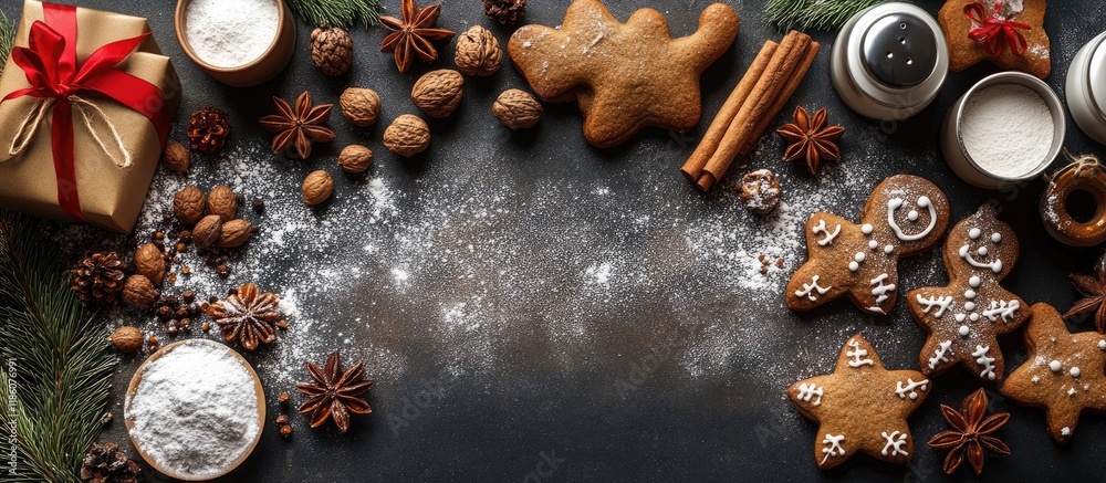 Leinwandbilder christmas gingerbread cookies and baking ingredients culinary backdrop. with copy space image. place