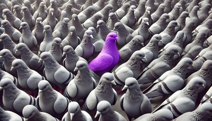 Fototapeta premium A purple pigeon alone among a crowd of grey pigeons, concept of standing out from the crowd as a leader, of being different and unique with its own identity and special skills among the others