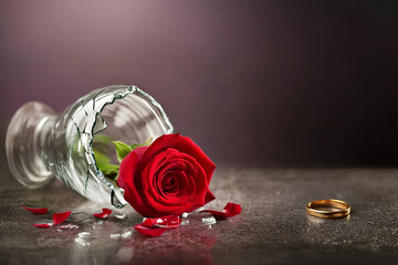 Red roses in a broken glass vase, a wedding ring nearby, symbolizing breakup, divorce and broken love