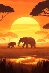 Fototapeta premium A serene sunset scene featuring an elephant and its calf walking near a water body.