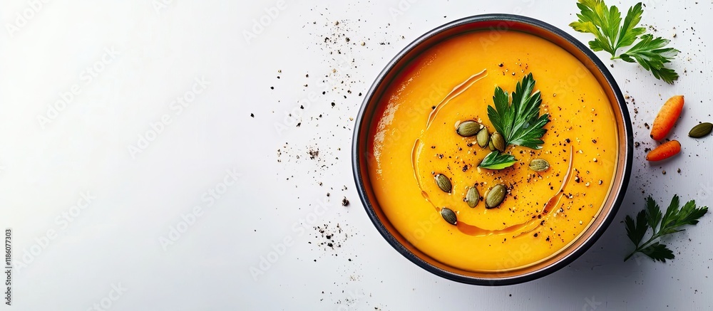 Leinwandbilder Pumpkin and carrot soup garnished with seeds top view. with copy space image. Place for adding text or design
