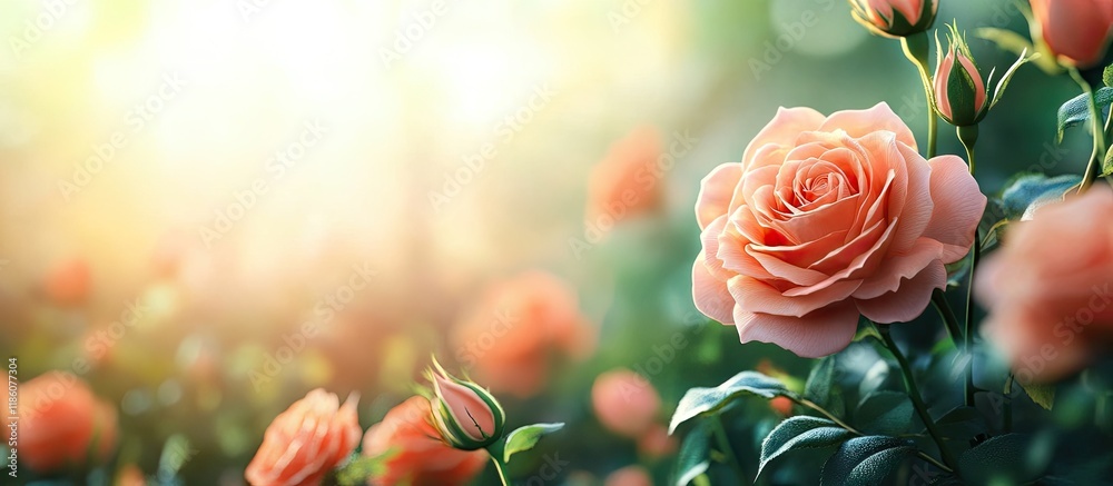 Poster orange pink coral roses in the garden. with copy space image. place for adding text or design