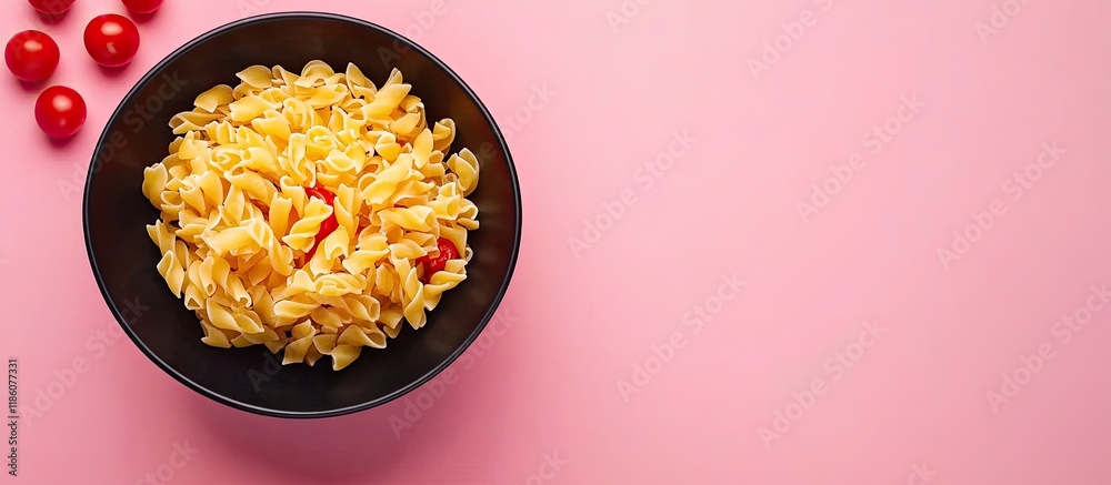 Poster bowls containing raw pasta and tomato on a pink background. with copy space image. place for adding 