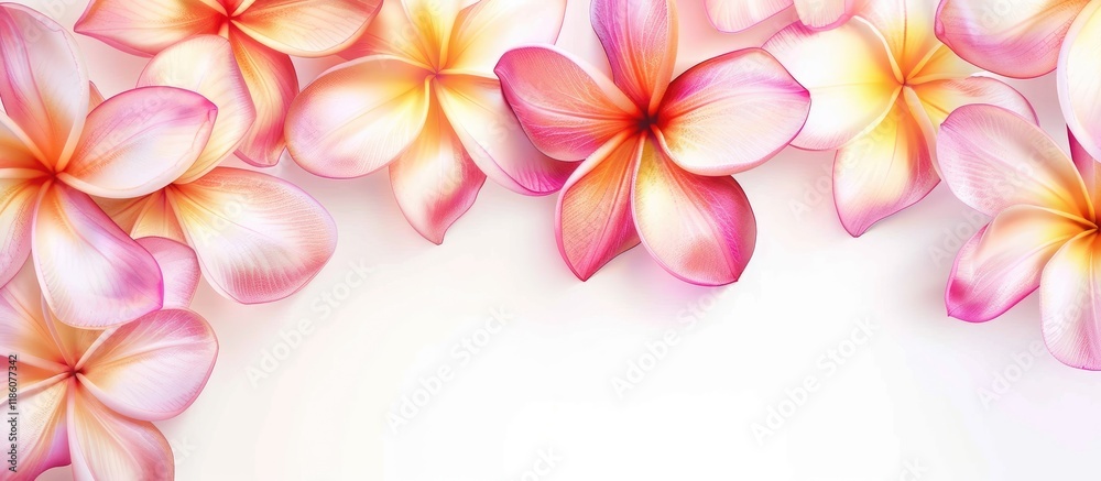 Poster plumeria flowers set against a white background. with copy space image. place for adding text or des