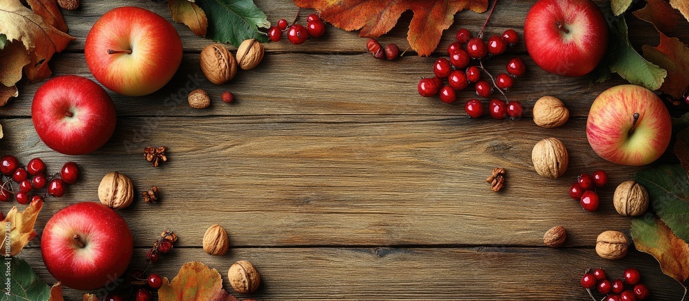 Aufkleber fresh natural organic fruits and berries autumn harvest of red ripe viburnum apples nuts and physali