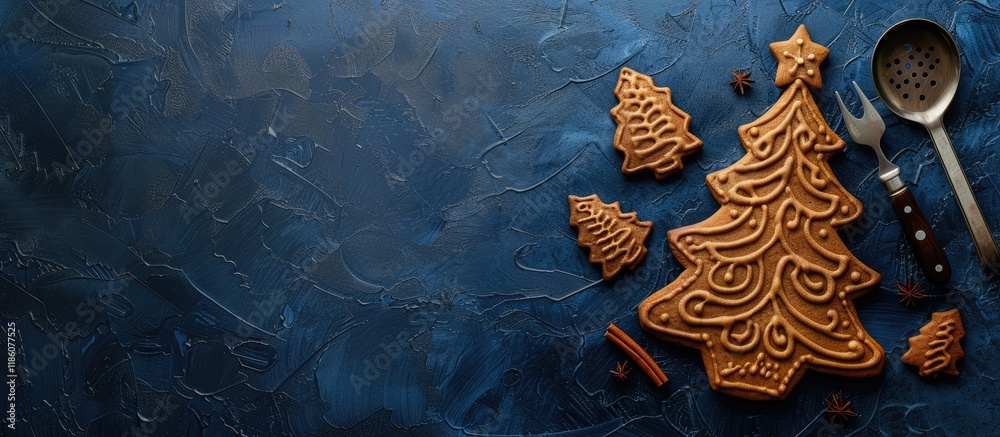 Poster gingerbread cookies shaped like a christmas tree on a dark blue background with copy space for text 