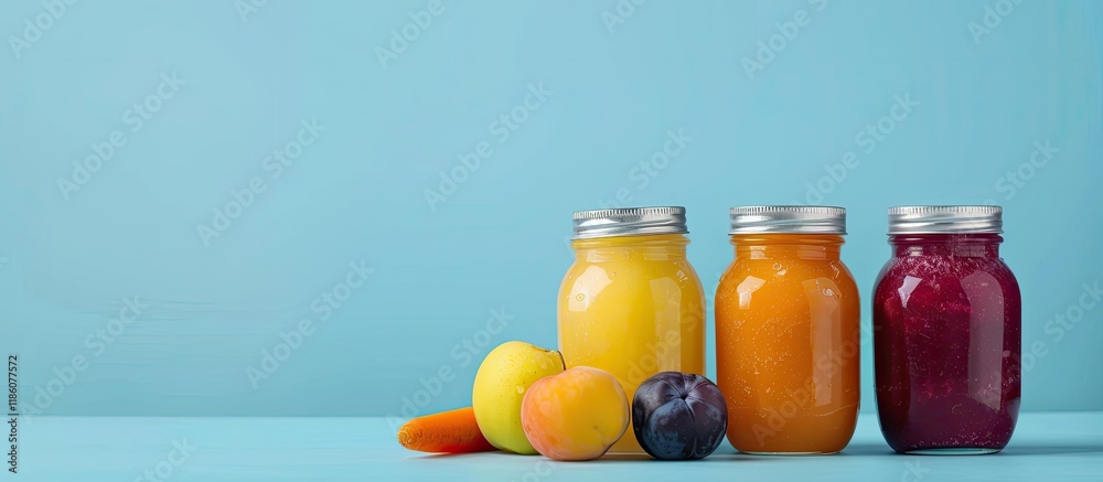 Leinwandbilder jars of fresh homemade puree set against a blue background three varieties of baby food apple plum a