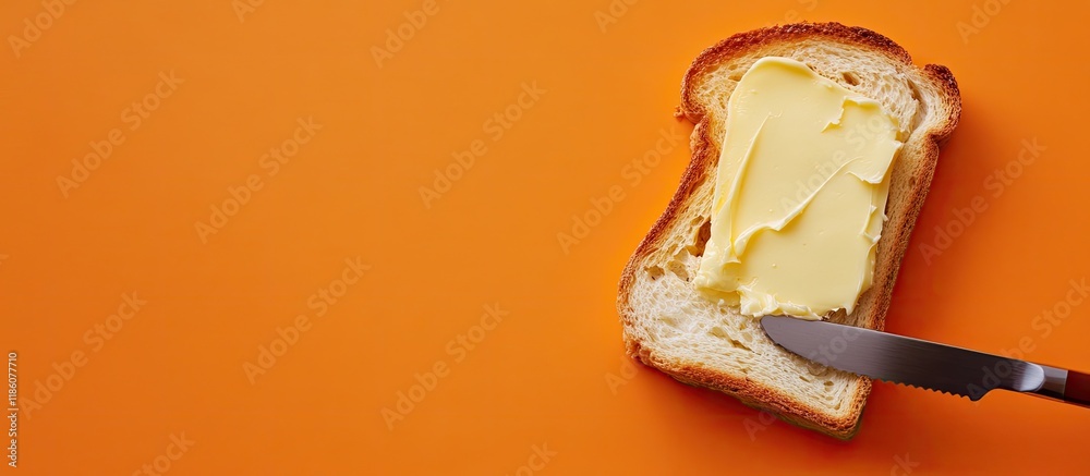 Leinwandbilder Spreading butter on toast using a knife Orange background Top view. with copy space image. Place for adding text or design