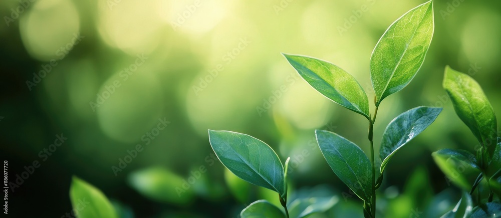 Poster close up of young leaves with a blurred background space for text. with copy space image. place for 
