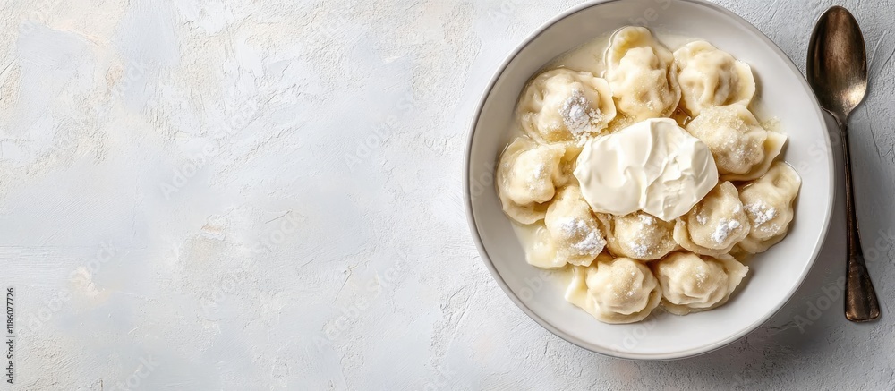 Fototapete russian and ukrainian dishes lazy dumplings served with sugar butter and sour cream in a white plate