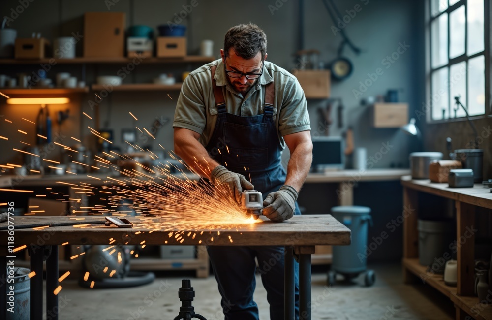Aufkleber craftsman in work clothes wields grinder on wooden table in workshop. sparks fly. industrial work en