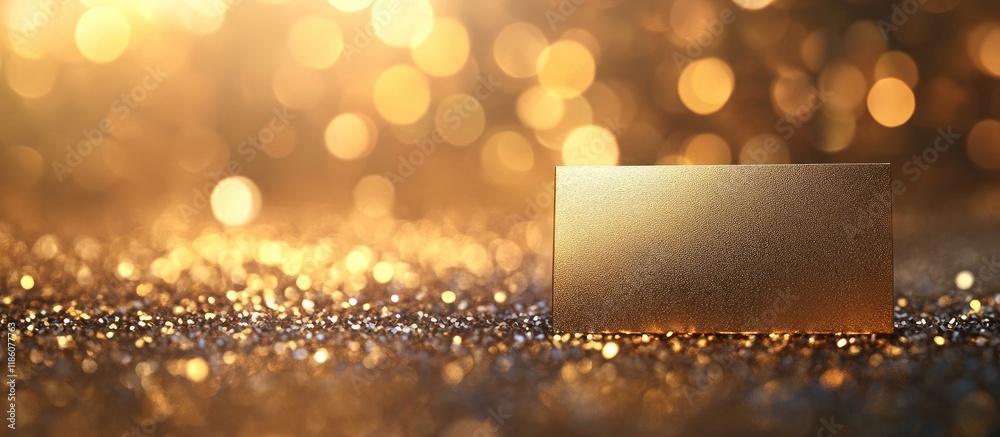 Poster Gold with a place card set against a shimmering background. with copy space image. Place for adding text or design