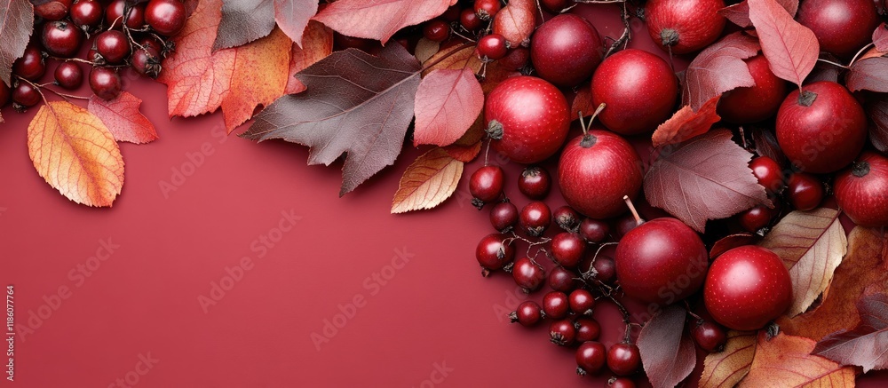 Leinwandbilder red fruit and leaf backdrop hawthorn and fallen foliage. with copy space image. place for adding tex