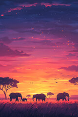Fototapeta premium Silhouette of elephants against a vibrant sunset in a serene landscape.