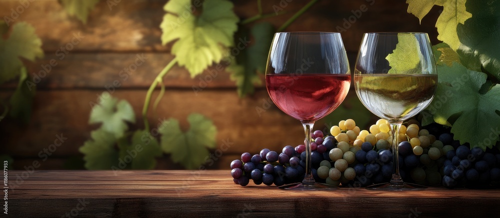 Aufkleber Two glasses of wine one rose and one white are placed against a backdrop with a cluster of grapes all set on a wooden texture that includes copyspace