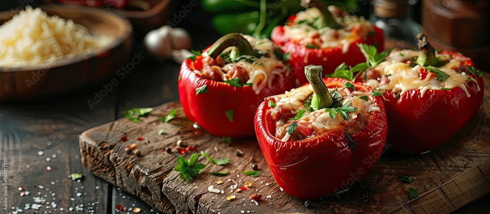 Leinwandbilder fresh red pepper halves stuffed with sausage and cheese. with copy space image. place for adding tex