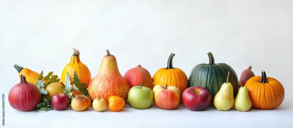 Leinwandbilder Autumn arrangement of vegetables and fruits including Pumpkin Apples and Pears against a white background Seasonal backdrop for autumn. with copy space image. Place for adding text or design
