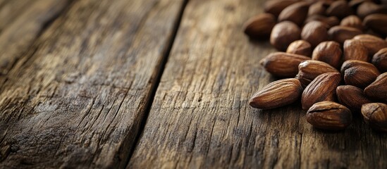 Naklejka premium Close up shot of milled cola nut on a rustic wooden surface. with copy space image. Place for adding text or design