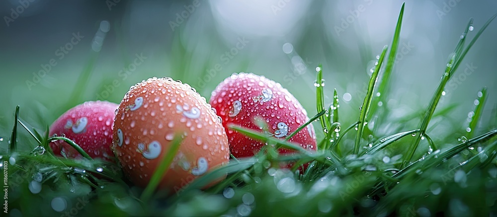 Leinwandbilder Close up of vibrant Easter eggs on green grass with dew Quail patterned eggs Close up Selective focus Easter background. with copy space image. Place for adding text or design