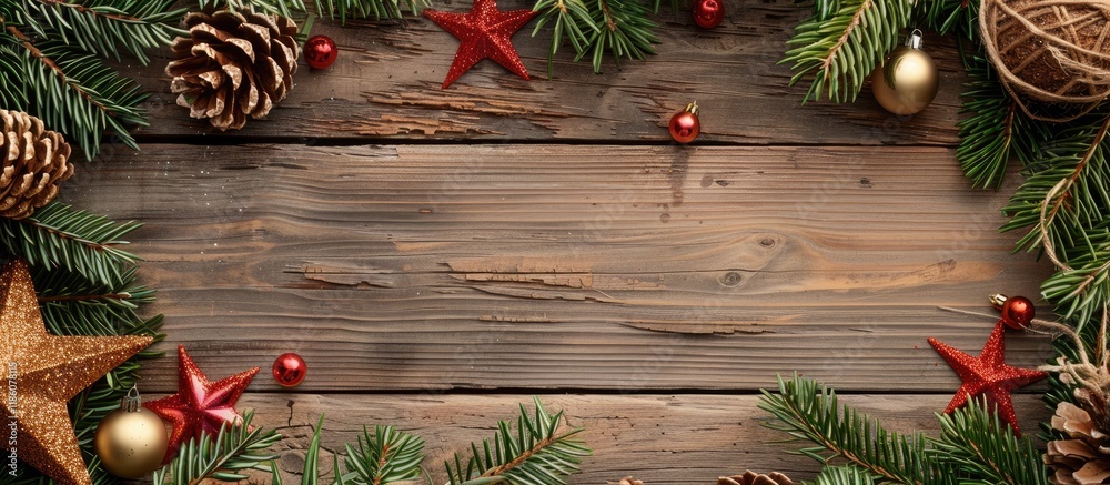 Aufkleber a wooden frame and fir branches rest on a wooden backdrop made of weathered boards christmas tree de