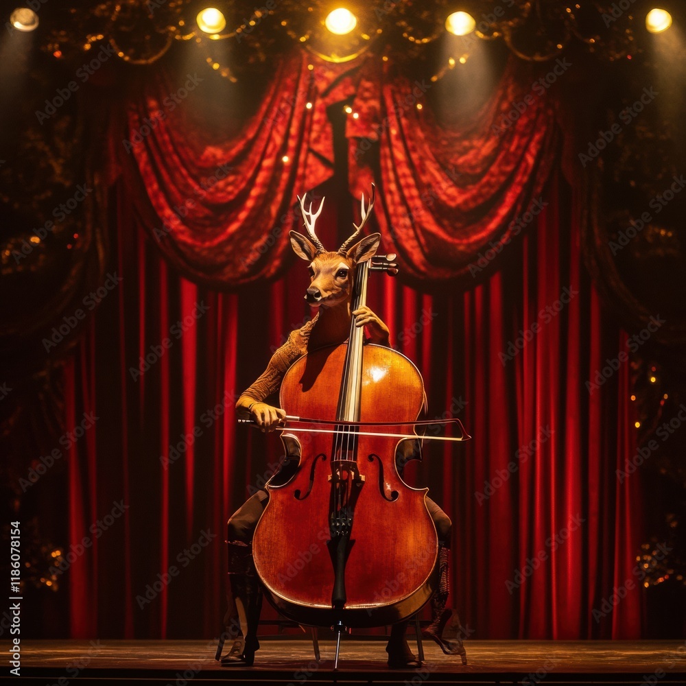 Poster deer performs beautifully on cello in elegant theater setting with vibrant red backdrop. generative 