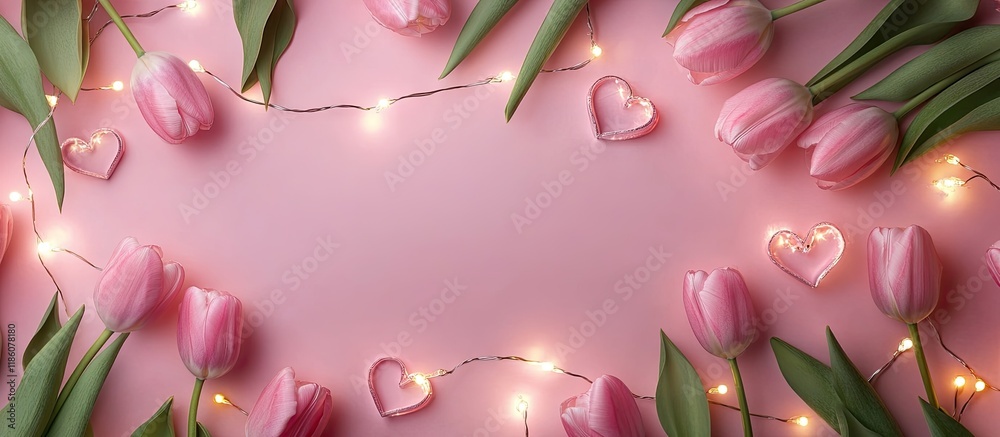 Poster top view flat lay of pink tulips and heart shaped glowing garland lights on a soft pink background w