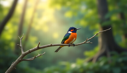 Bright Lone Bird Sitting on a Thin Branch Against a Blurred Forest Background with Soft Natural Lighting