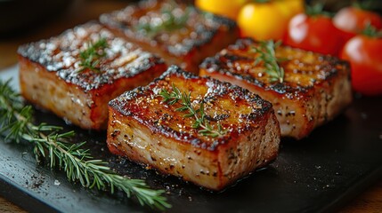 Grilled meat slices garnished with herbs and vegetables.