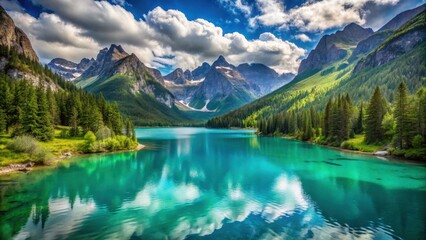 Fototapeta premium Mysterious turquoise lake surrounded by lush greenery and rugged mountains, with a few wispy clouds drifting lazily across the sky , wilderness, nature