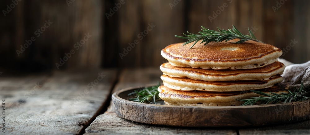 Aufkleber Pancakes with rosemary on a plate set against a wooden backdrop. with copy space image. Place for adding text or design