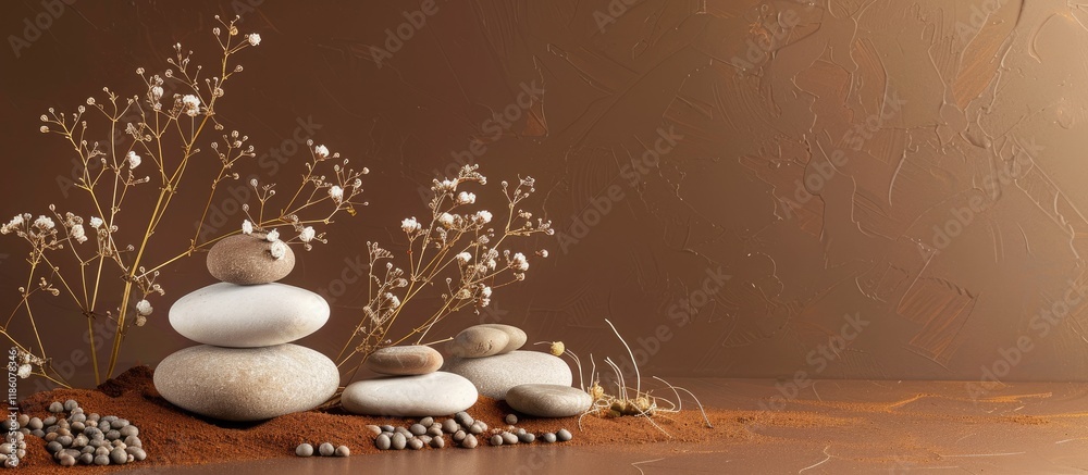 Poster background for showcasing cosmetic products adorned with stones and dried twigs set against a brown 