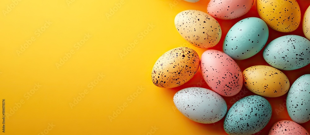 Aufkleber a lot of colorful eggs on a yellow background serving as easter decor with ample copy space for text