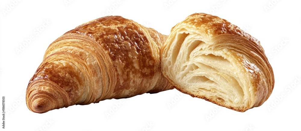 Aufkleber A plain croissant halved to show its cross section is a classic French croissant It is isolated against a white background. with copy space image. Place for adding text or design