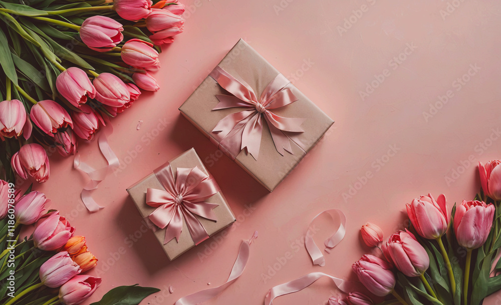 Poster two boxes with pink bows on top of a pink background. the boxes are on a table. there are many pink 